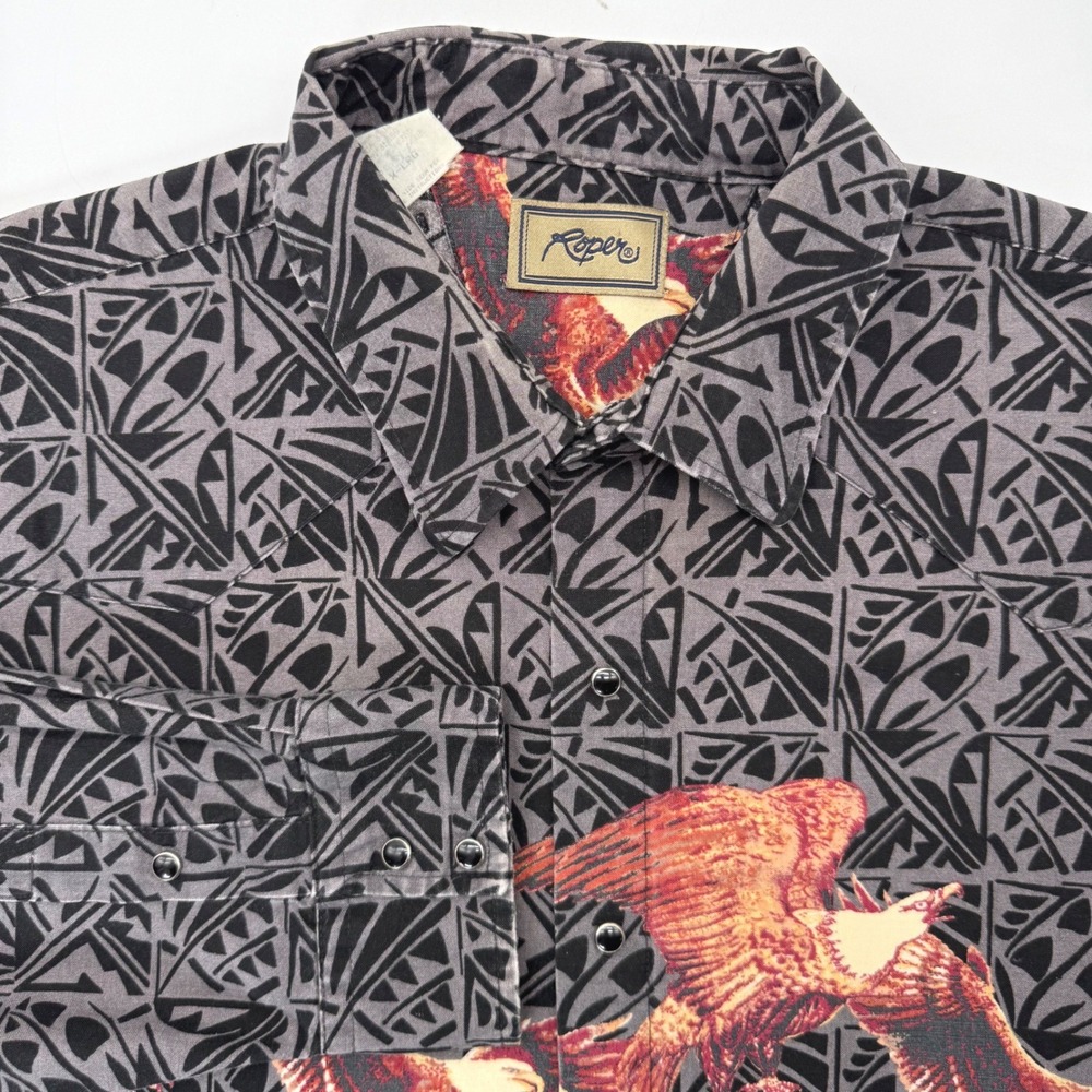 Roper Western Shirt Men XL Grey Eagle Tribal Geometric Pearl Snap Long Sleeve‎